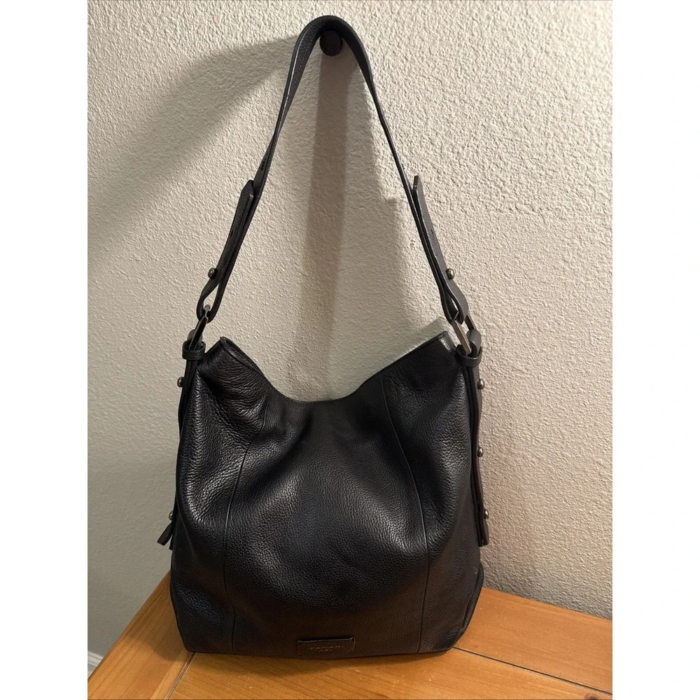 Tahari ASL Black Pebbled Leather Slouchy Hobo Shoulder Bag Adjustable Strap